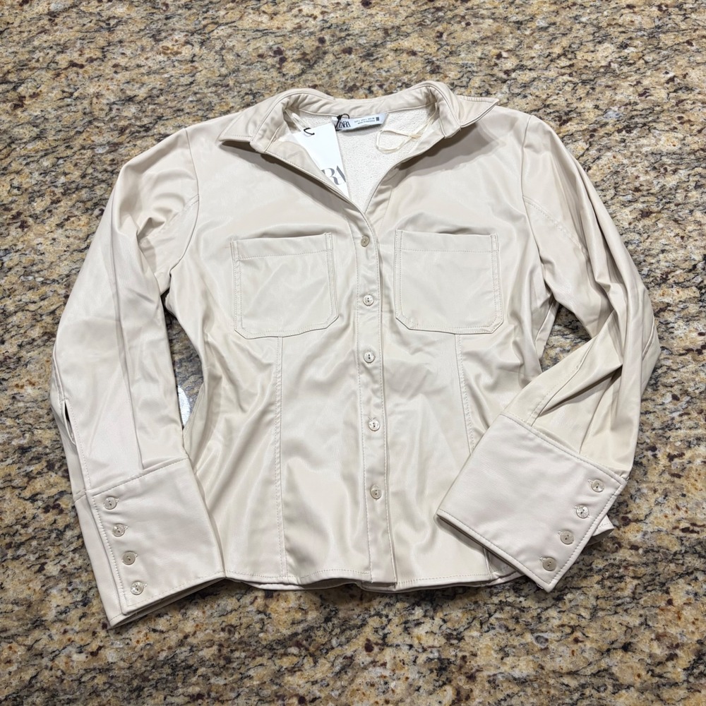NEW Zara Faux Leather Button Down Shirt Cream Ecru Shacket Large ws